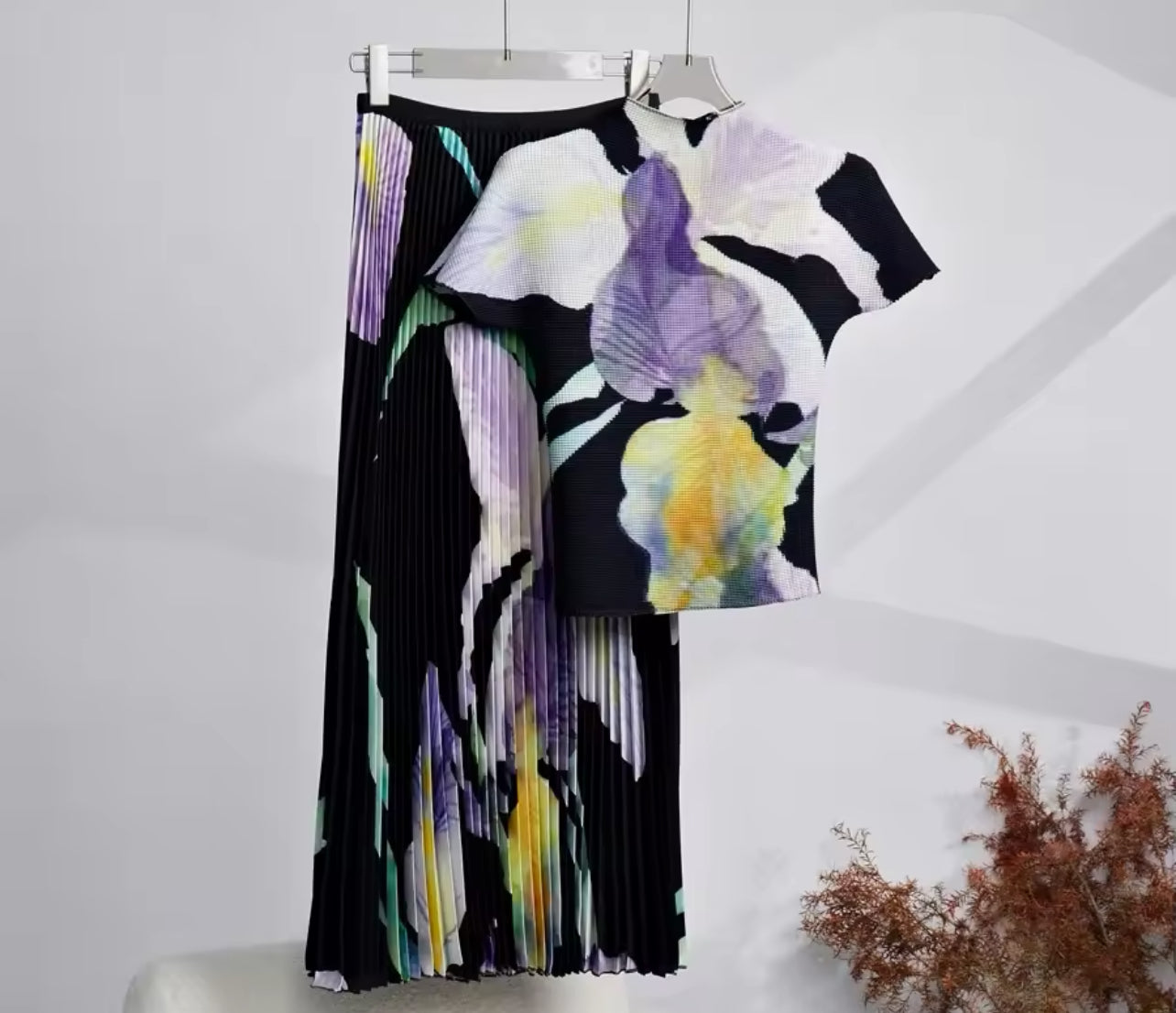 Classy Elegant Watercolor Pleated Skirt & Top Set
