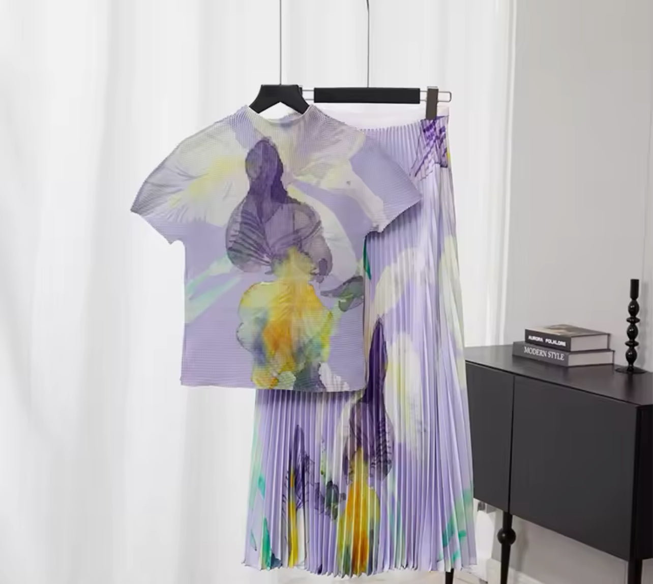 Classy Elegant Watercolor Pleated Skirt & Top Set