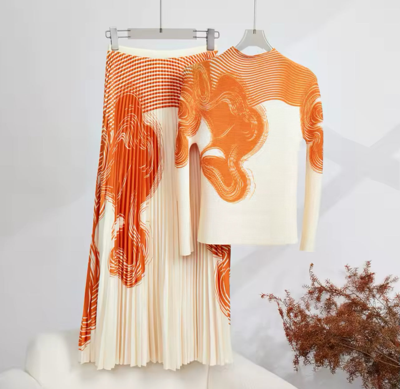 Classy Elegant Watercolor Pleated Skirt & Top Set