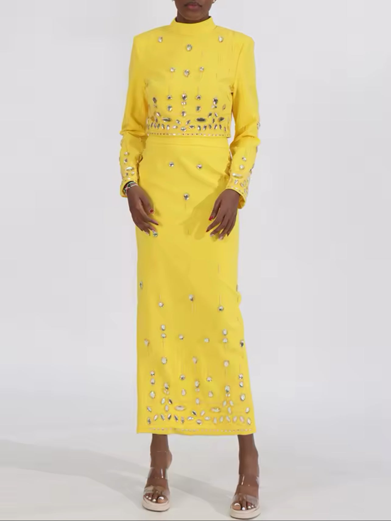 Classy Luxe Crystal-Embellished High-Neck Maxi Dress