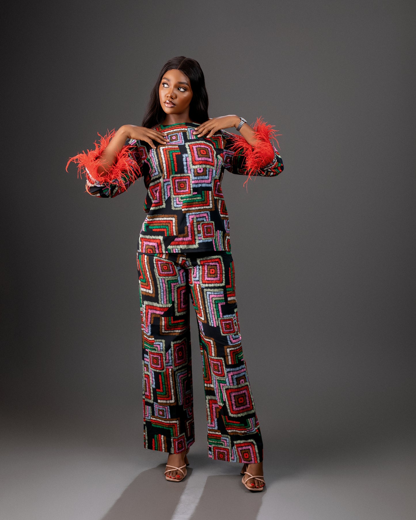 Classy Afrocentric feathered trouser set