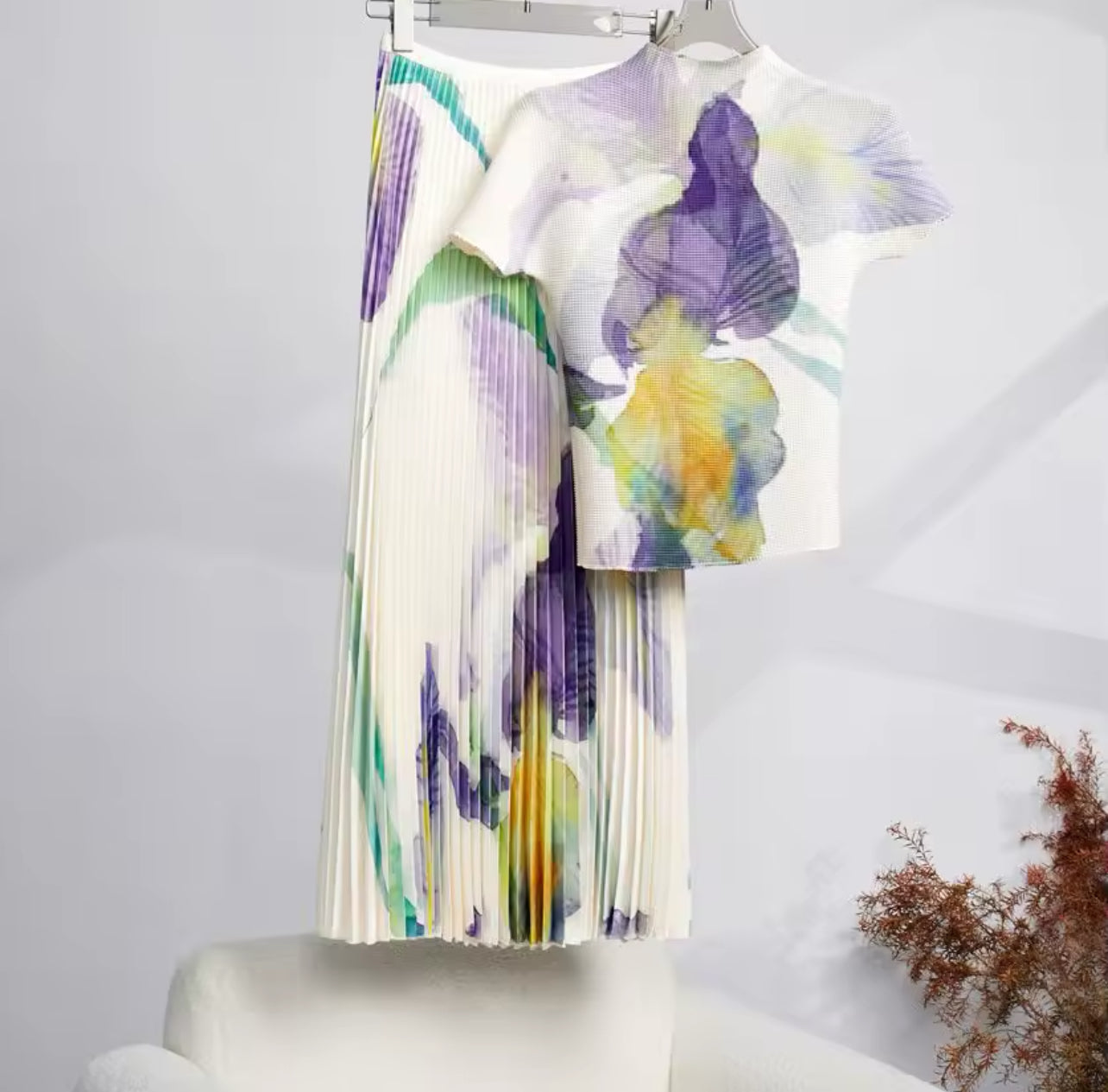 Classy Elegant Watercolor Pleated Skirt & Top Set